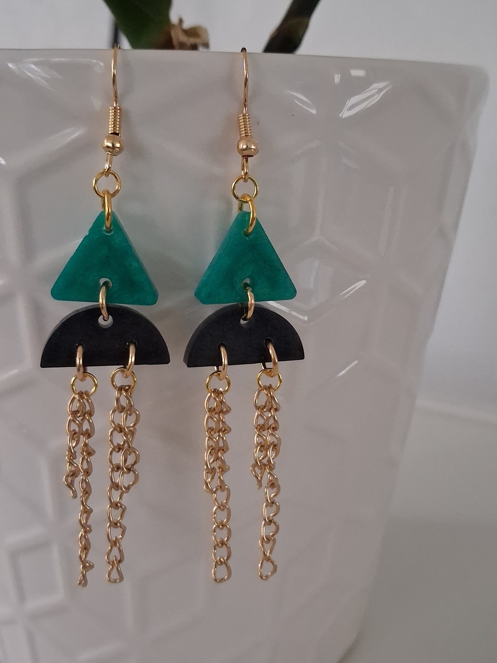 Gold Chain Tassel Earrings with Green Triangle and Black Half-Moon Accents